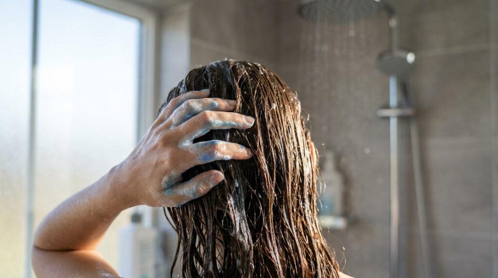 Une personne se lave les cheveux sous la douche avec du shampoing bleu pour neutraliser les reflets indésirables.