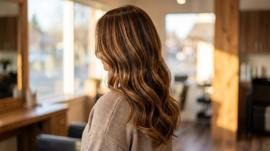 Vue de dos d'une femme aux cheveux longs ondulés et méchés dans les tons miel et caramel dans un salon de coiffure.
