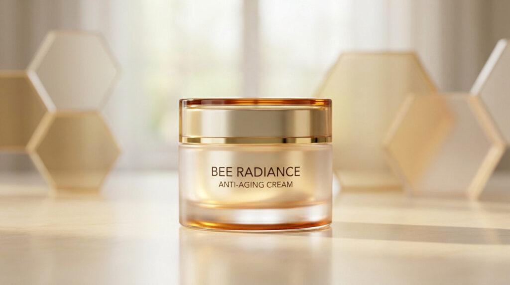 Un pot de crème anti-âge Bee Radiance posé sur une table avec des formes hexagonales dorées en arrière-plan.