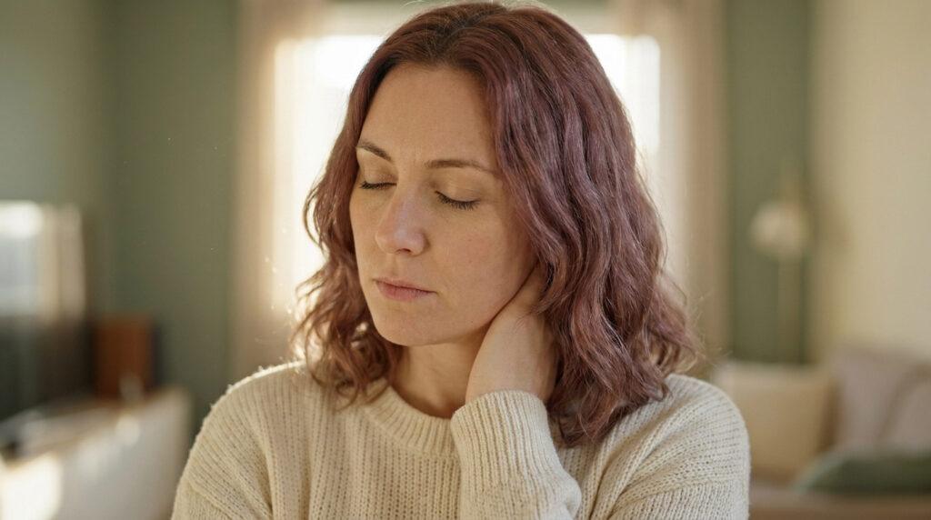 Une femme aux cheveux colorés, les yeux fermés, se massant le cou pour soulager des tensions.