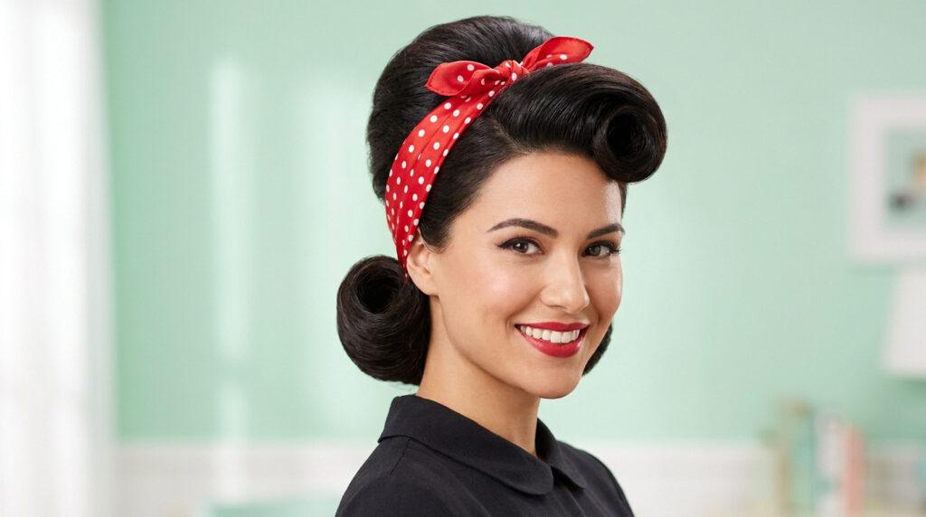 Une femme souriante avec une coiffure rétro, un chignon victory roll et un bandeau rouge à pois.