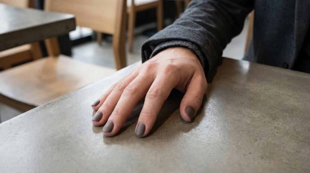 Main masculine posée sur une table, portant un vernis à ongles mat de couleur taupe, vêtue d'une veste élégante.