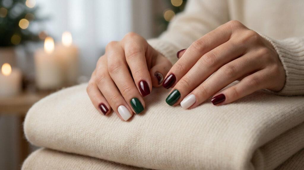 Mains avec une manucure multicolore aux tons hivernaux posées sur un pull en maille beige, avec des bougies en arrière-plan.