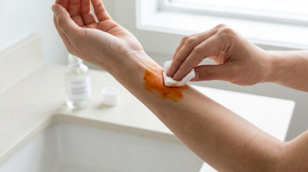 Une main utilise un coton imbibé pour nettoyer une tache d'éosine orange sur l'avant-bras.