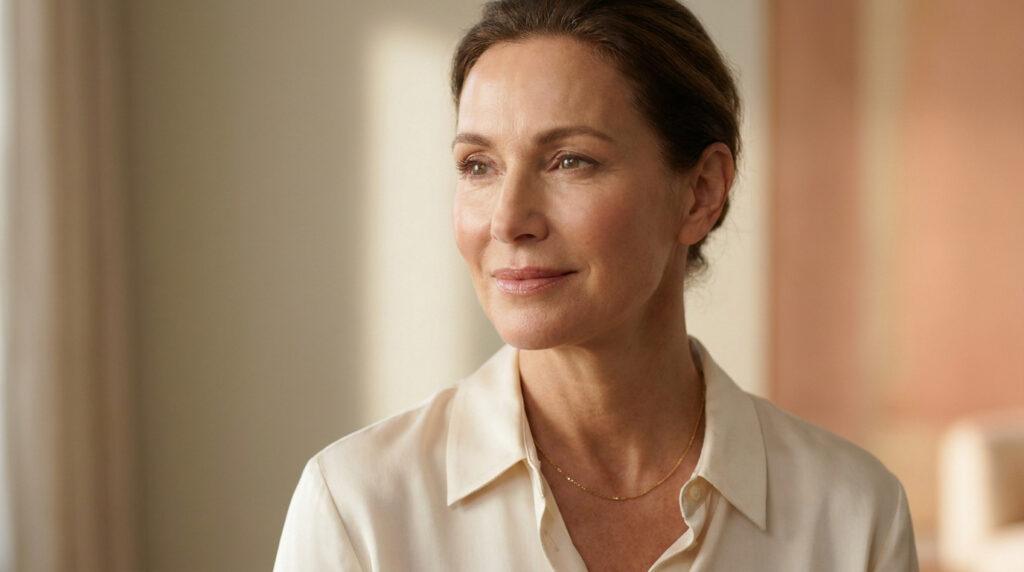 Portrait d'une femme mature au teint éclatant et naturel portant une chemise crème.