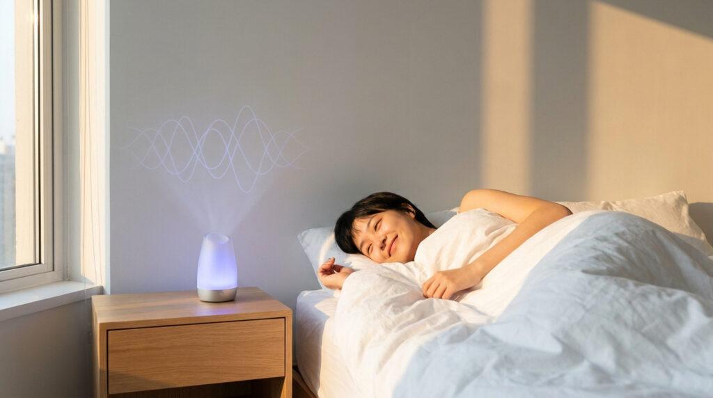 Une personne souriante au lit près d'une lampe connectée projetant des ondes lumineuses sur le mur.