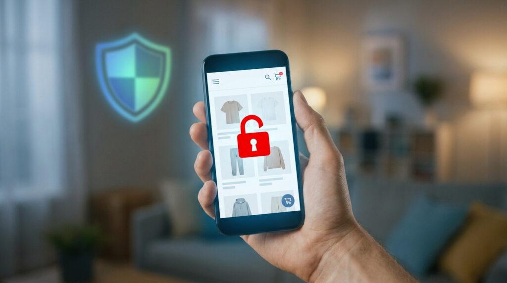 Une main tient un smartphone affichant un site de shopping avec un cadenas rouge ouvert, signe d'insécurité en ligne.