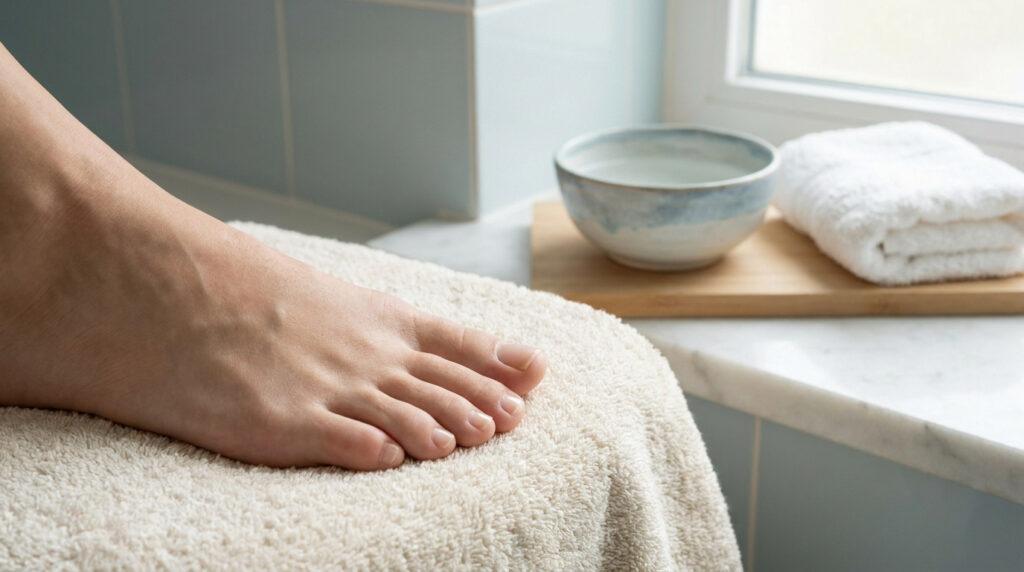 Pied posé sur une serviette douce près d'un bol d'eau et d'une serviette pliée dans une salle de bain.