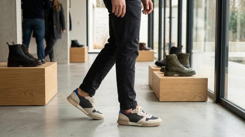 Un homme porte des baskets modernes bicolores dans une boutique de chaussures élégante et minimaliste.