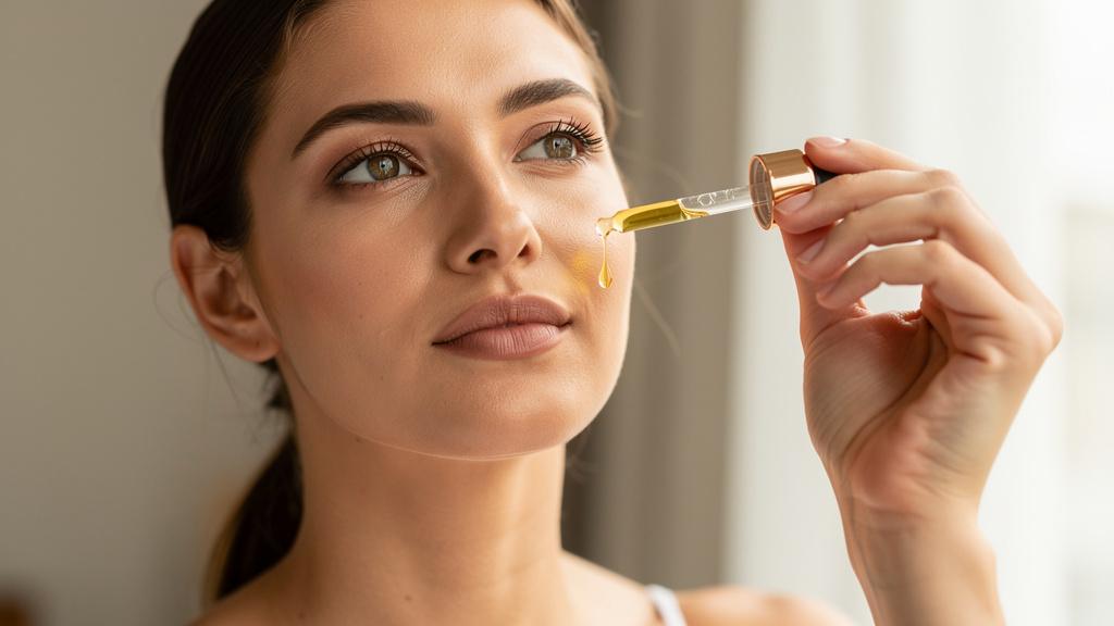 Femme appliquant quelques gouttes d'huile végétale sur son visage