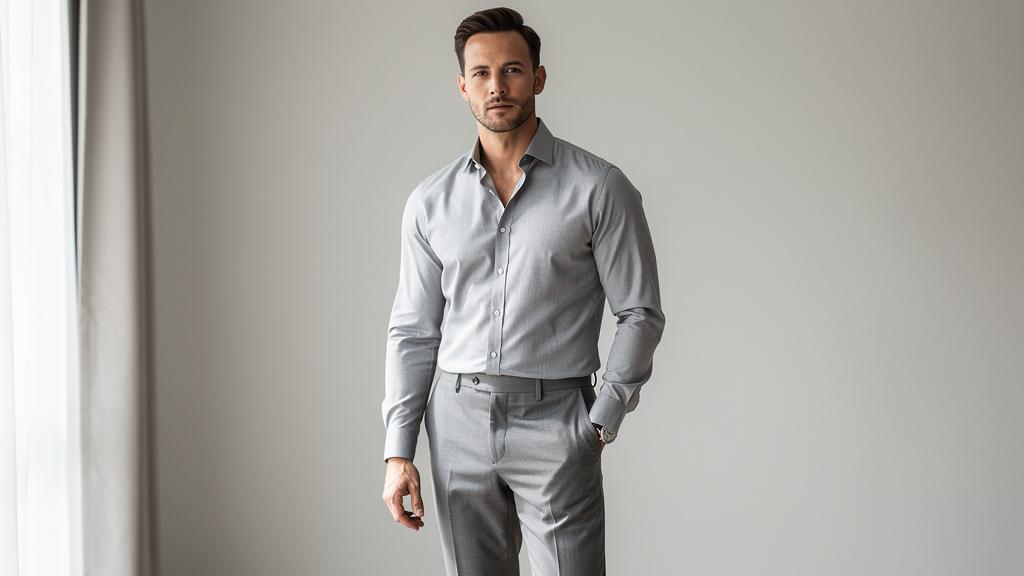 Look monochrome masculin en camaïeu de gris avec chemise et pantalon assortis