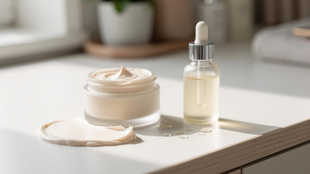 Texture de crème visage et sérum naturel sur une coiffeuse