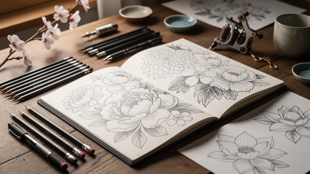 Carnet de croquis de fleurs japonaises pour tatouage
