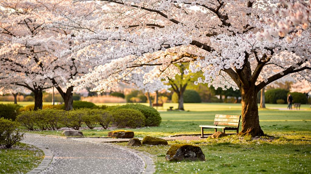Cerisiers japonais en pleine floraison dans un parc au printemps