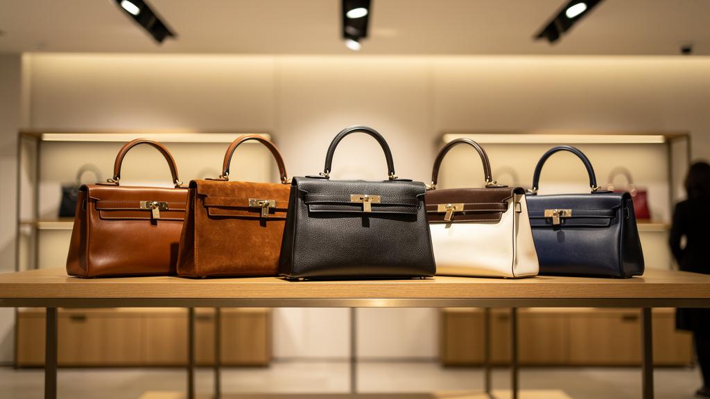 Collection de sacs griffés vintage alignés sur des étagères dans un espace de revente haut