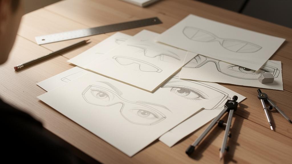Croquis de designs minimalistes d'œil protecteur posés sur une table