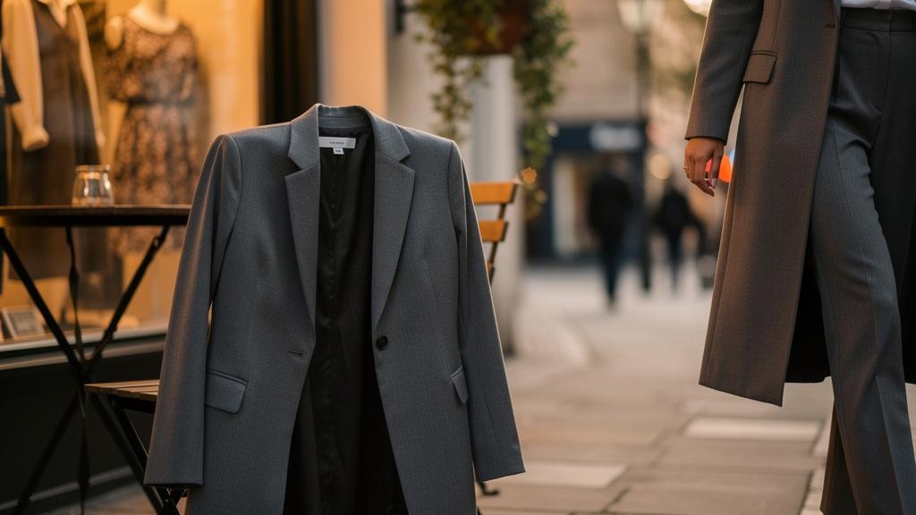 Femme portant un blazer long dans une rue commerçante