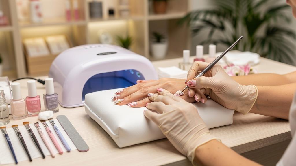 Technicienne appliquant un nail art floral en semi-permanent sur les ongles d'une cliente