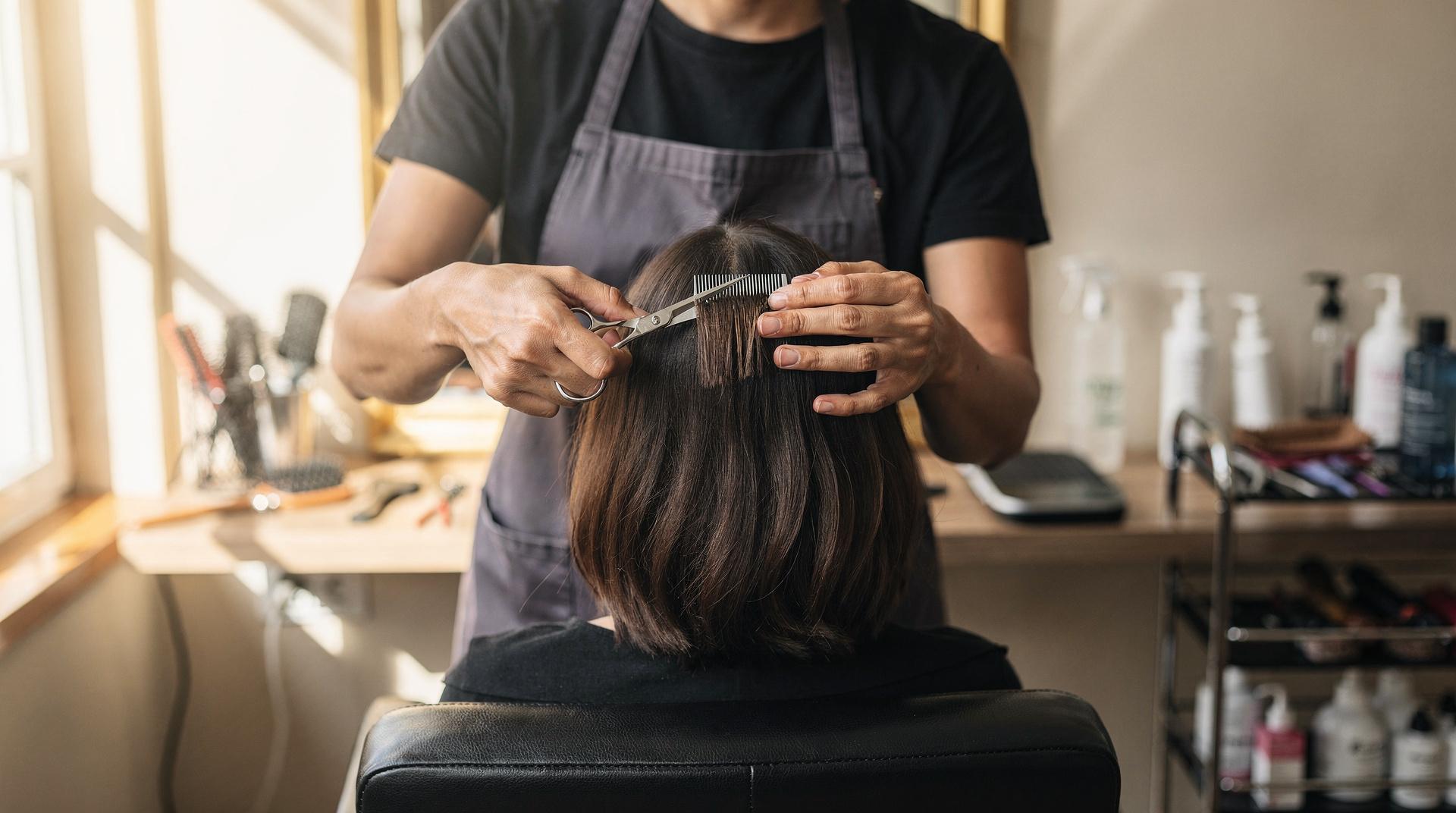 Coiffeuse coupant la frange rideau d'une cliente dans un salon de coiffure