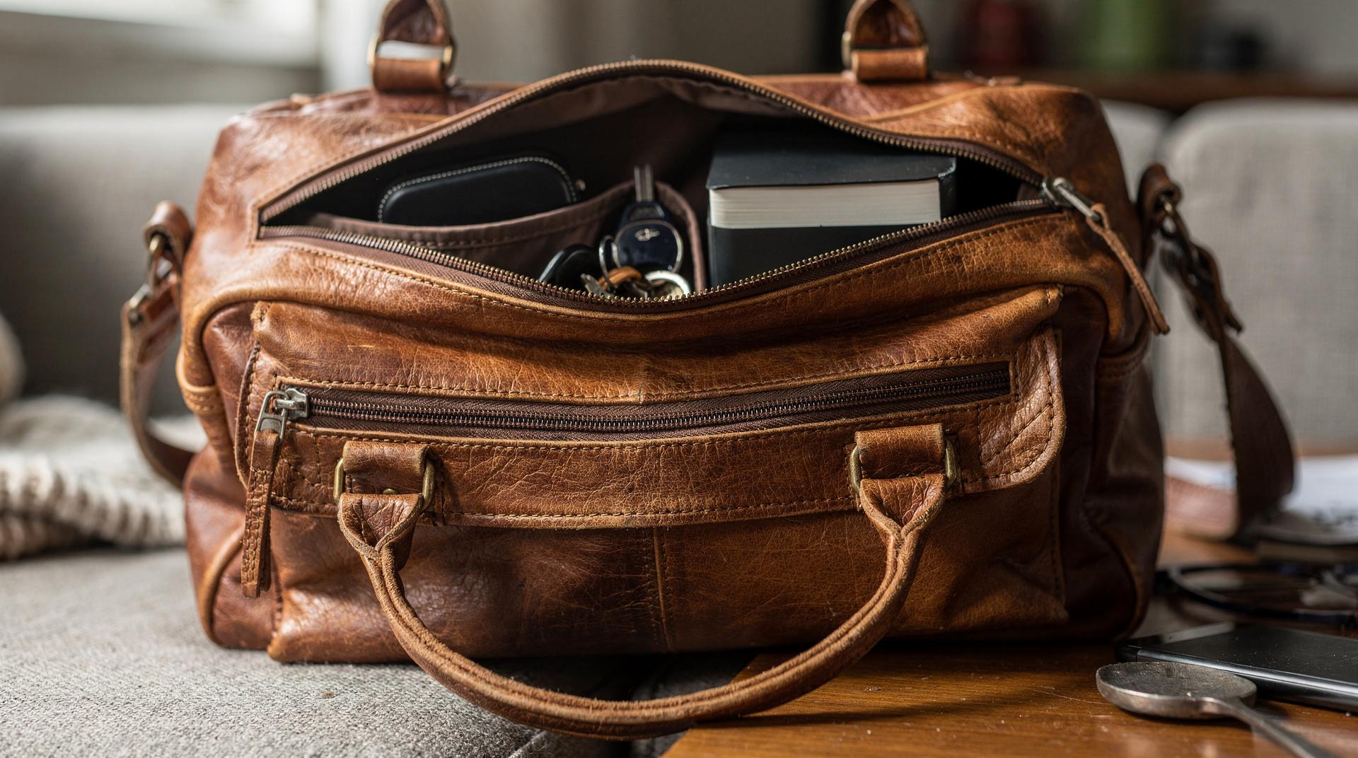 Détail d'un sac à main en cuir et de ses rangements