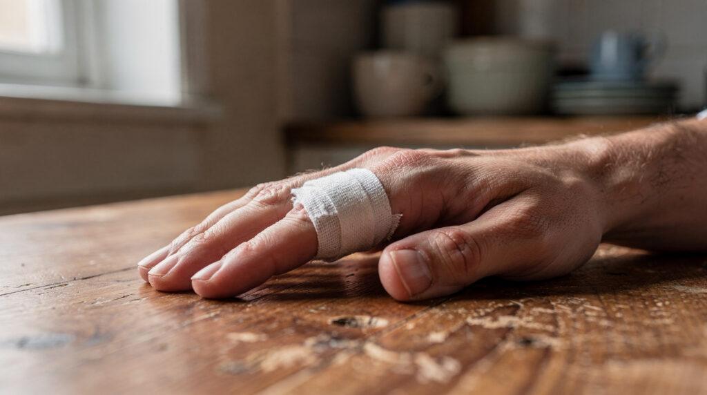 Doigt protégé par un pansement après un traumatisme de l'ongle