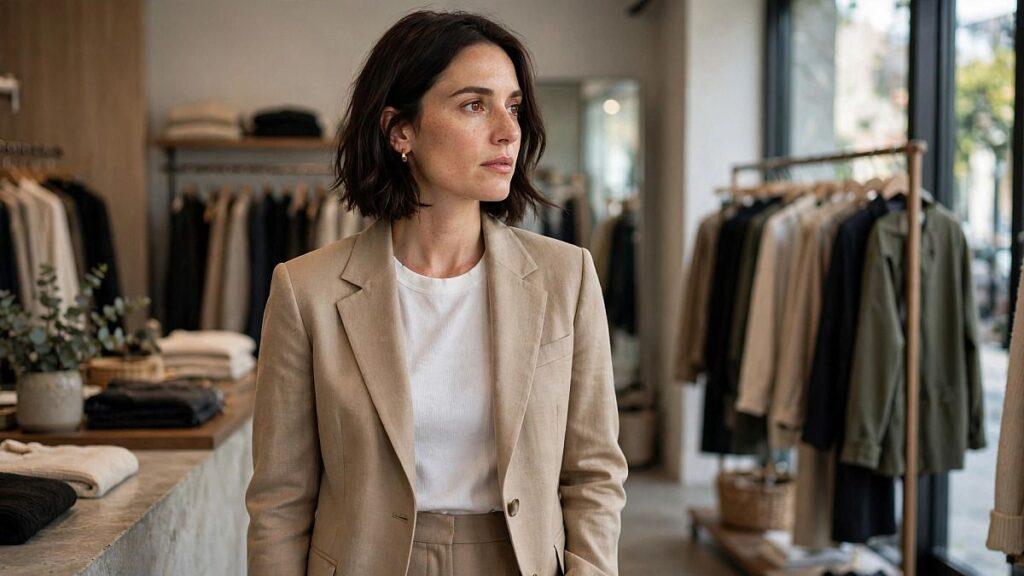 Femme en tailleur beige dans une boutique de prêt-à-porter