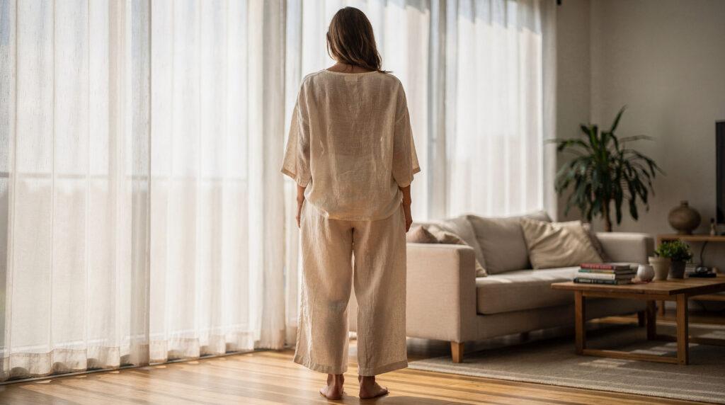 Femme en tenue de lin ample et confortable après une séance de yoga, lumière douce, intérieur apaisant