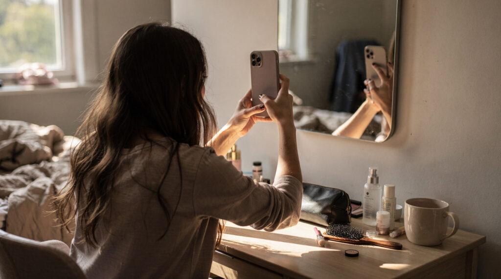 Femme testant une frange rideau sur son visage avec un simulateur en ligne sur téléphone