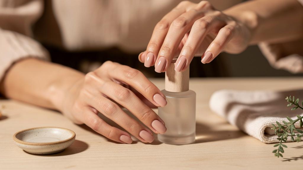 Mains manucurées et flacon de vernis à ongles bio