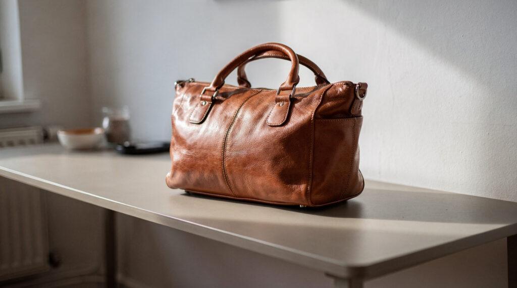 Sac à main en cuir brun posé sur une console minimaliste