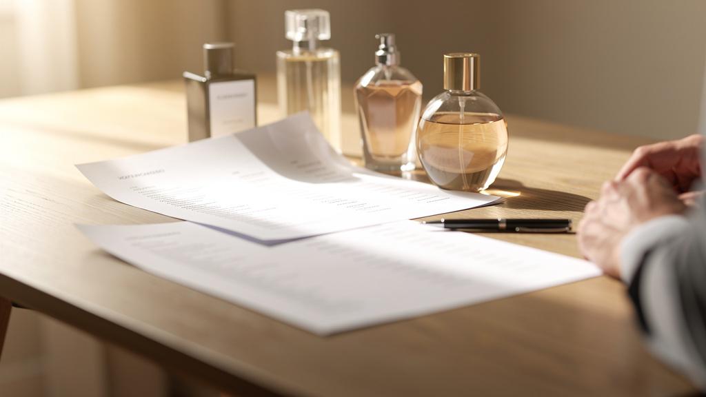 Un homme consulte une liste imprimée de codes de parfums posée sur une table