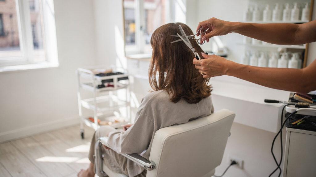Cliente dans un fauteuil de coiffure lors d'une coupe