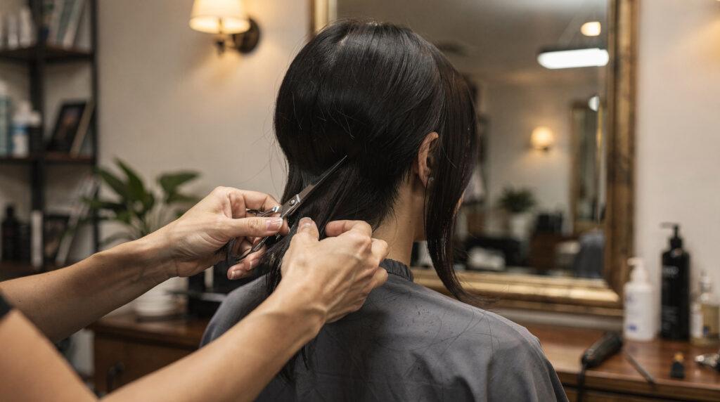 Coiffeuse travaillant une coupe mulet bi-level sur une cliente en salon