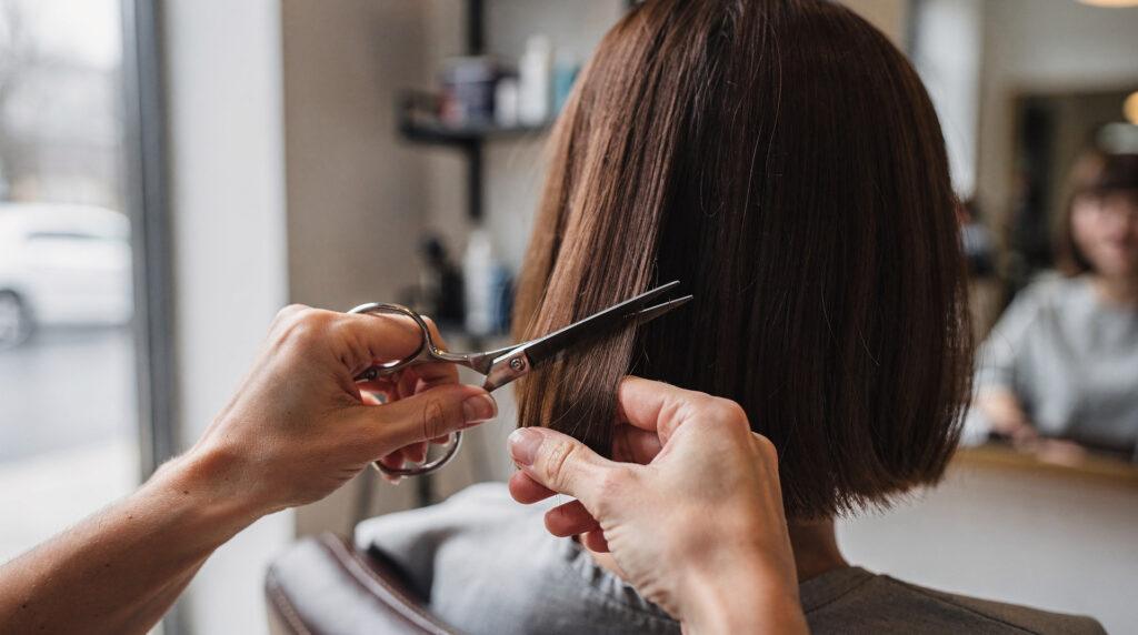 Femme en salon de coiffure avec un lob dégradé