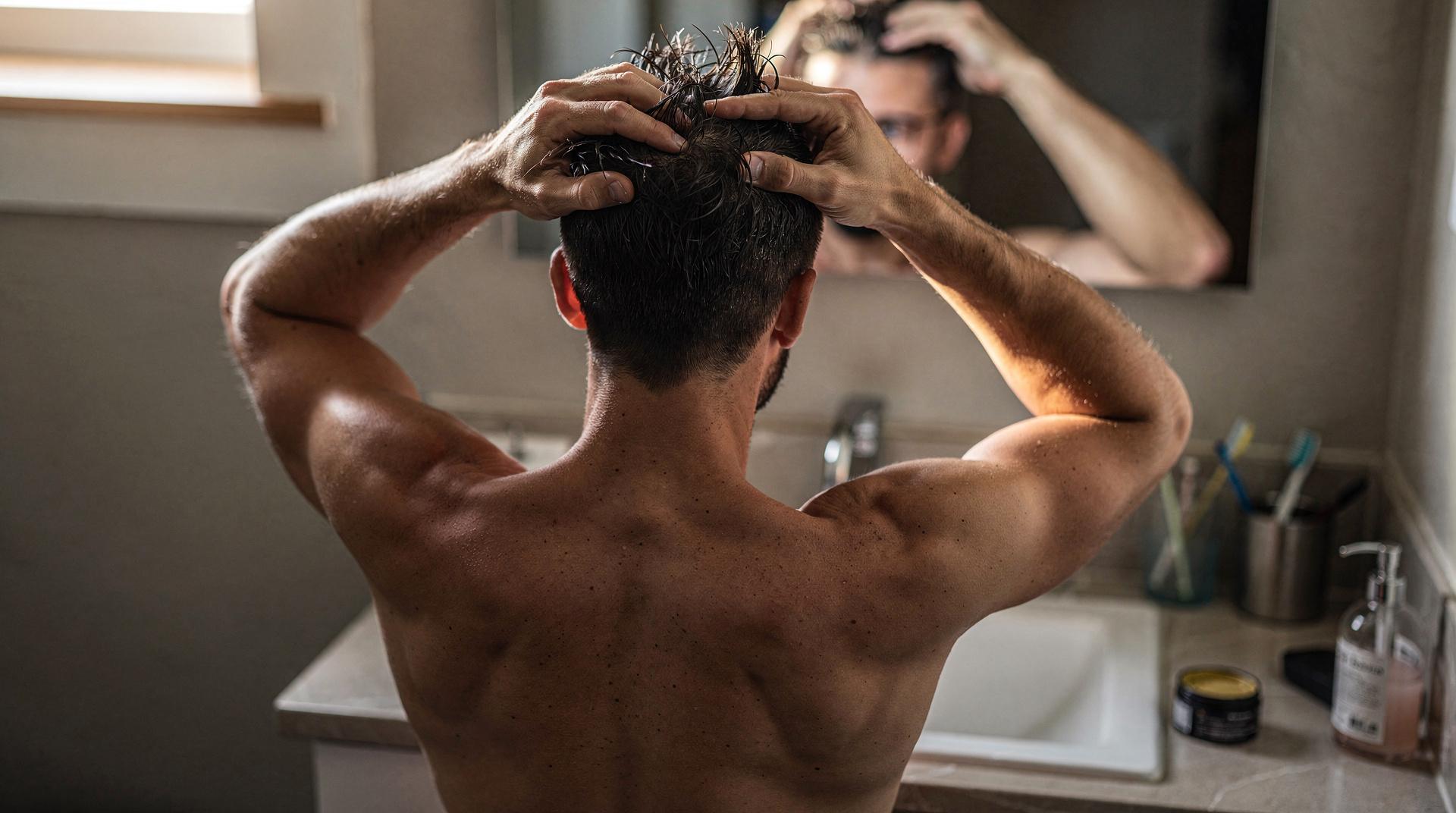 Homme avec une coupe texturée courte se coiffant devant un miroir